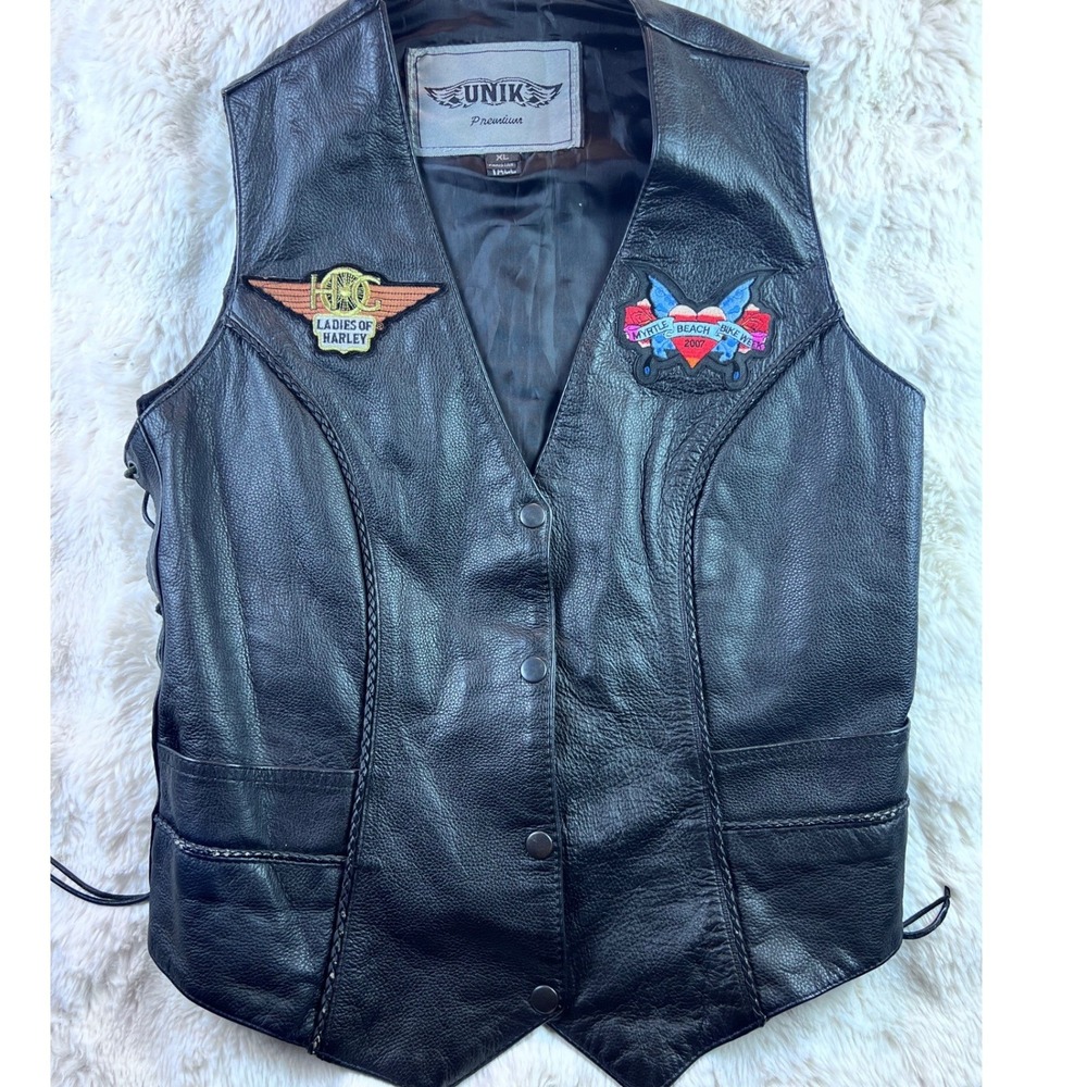 UNIK Premium Leather Biker Vest Womens XL Black Braided Side Harley Patches. A21